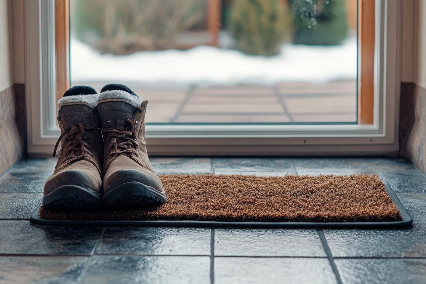 pair of boots on welcome mat